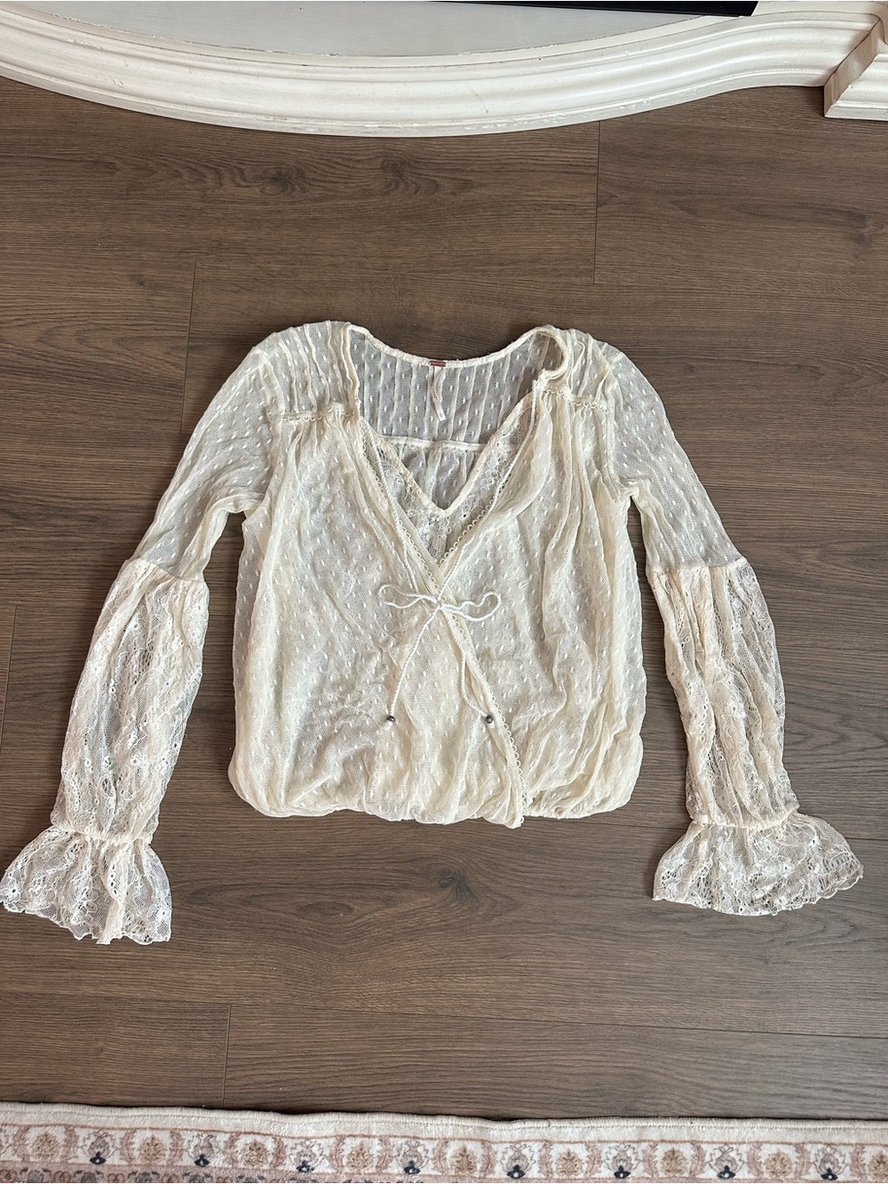 Free People Cream Lace Swiss Dot Tie-Front Blouse